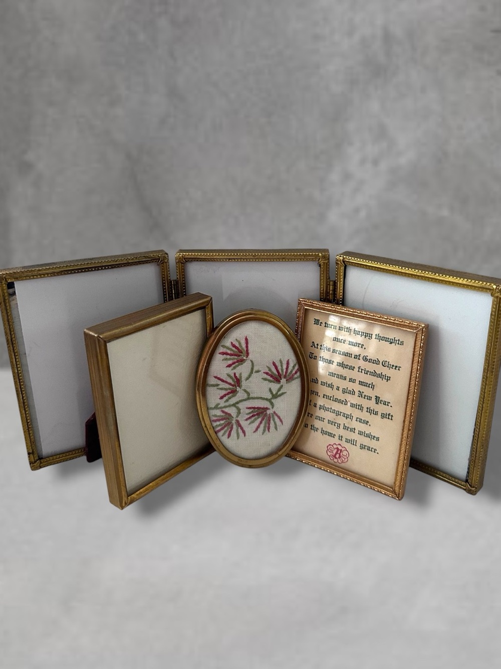 LOT OF 6 ORNATE VINTAGE DANISH GOLD TRI-FOLD MINI PICTURE FRAMES